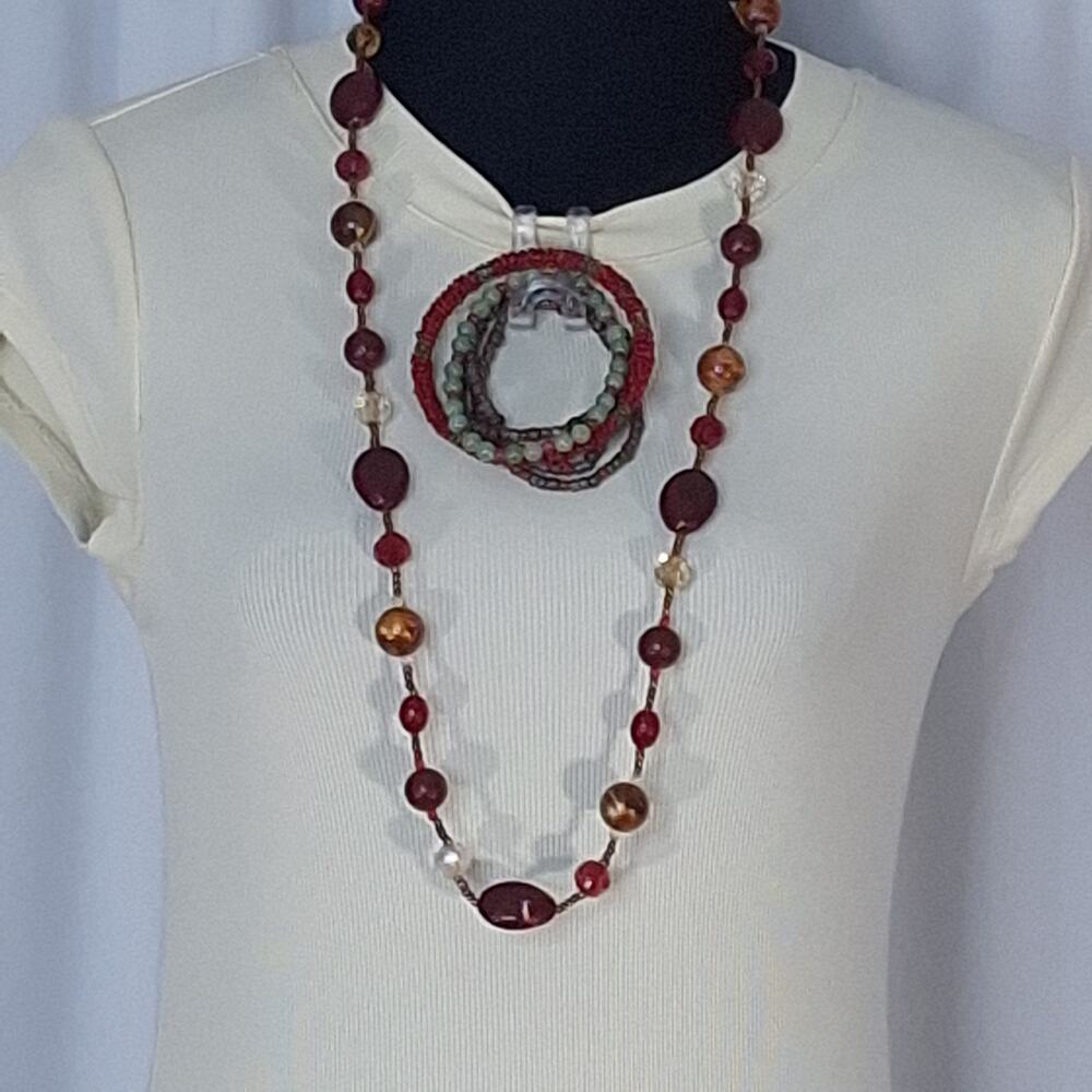 6 Pc Boho Beaded Jewelry Lot Maroon Brown Necklace Bracelets Bangle Fall Set